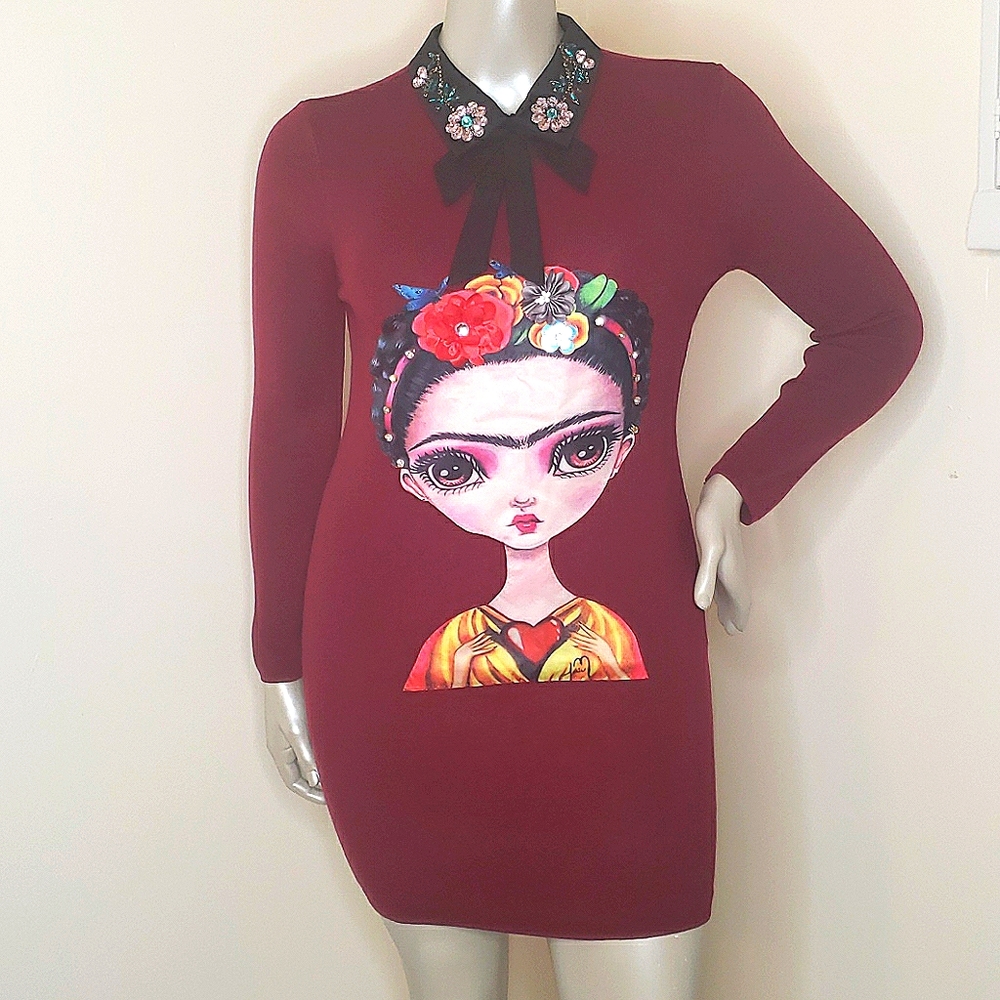 Vinizbena Frida Dress Burgundy with Rhinestones